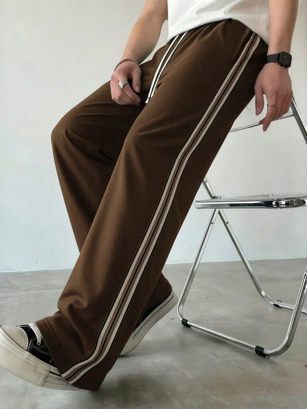 Coffee Brown Athletic Men's Knitted Side Stripe Long Pants